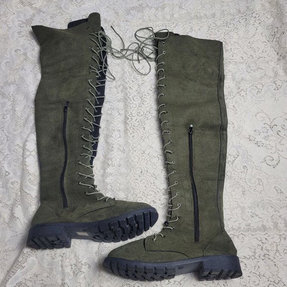 Army Olive Green Knee High Thigh High Lace Up Combat Boot with Lug Sole - Picture 4 of 6